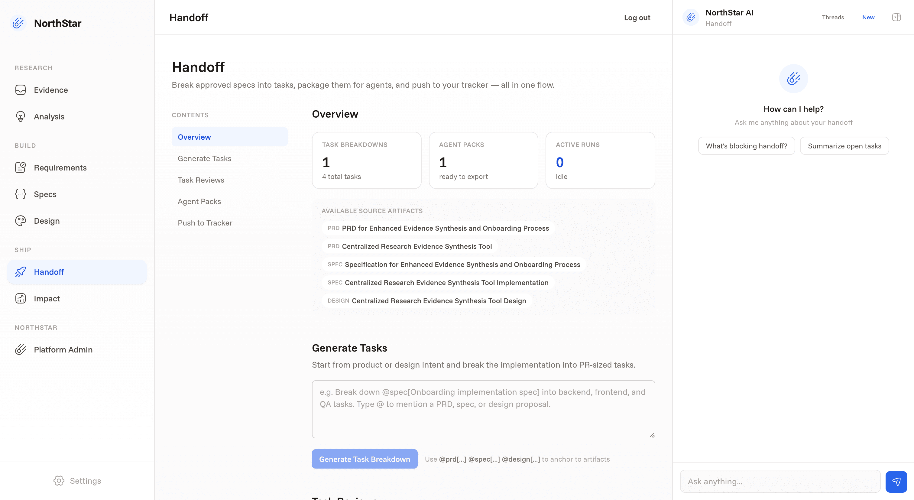 Spec editor with an automatically generated PRD grounded in customer evidence