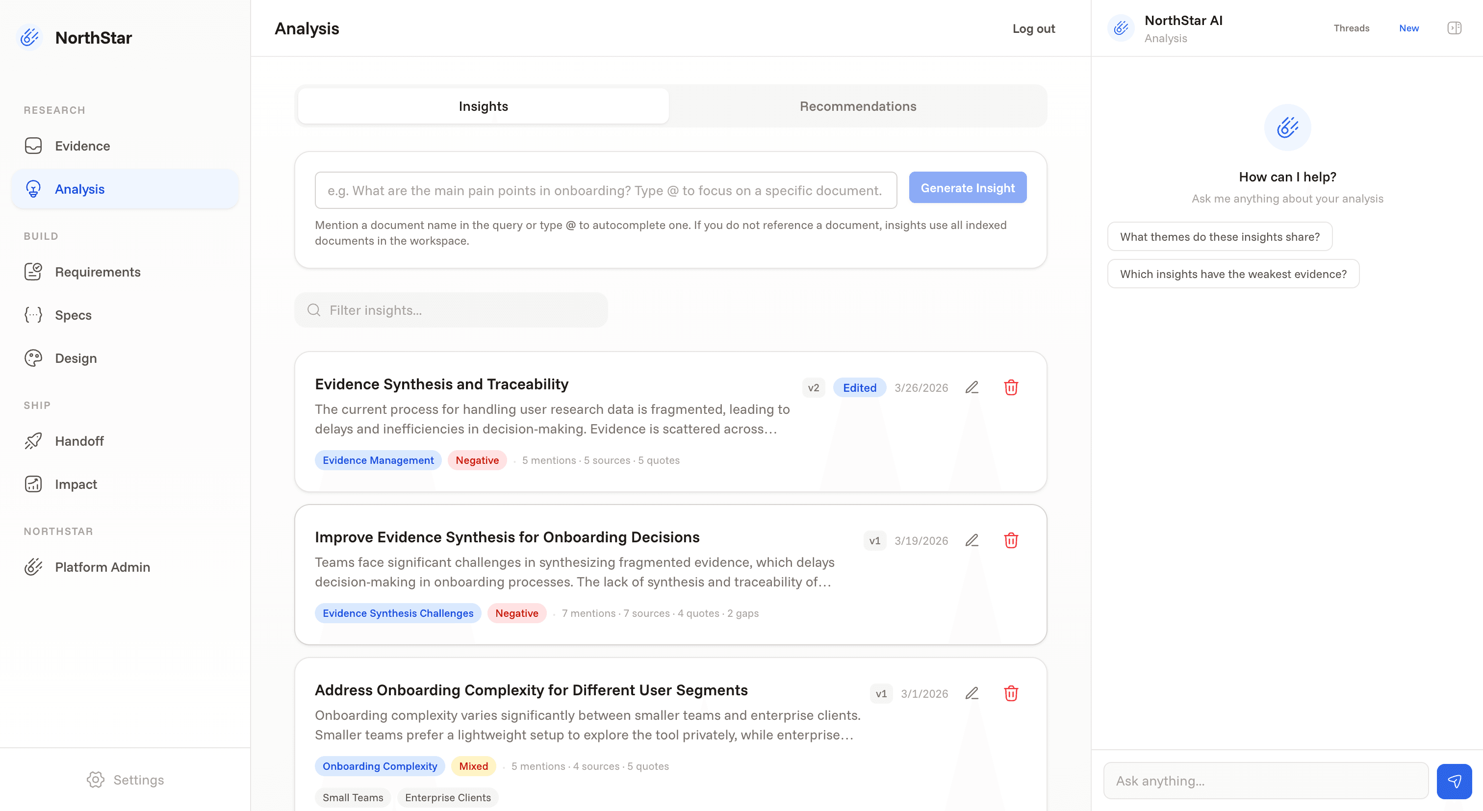 AI insights view surfacing cross-signal patterns and priorities